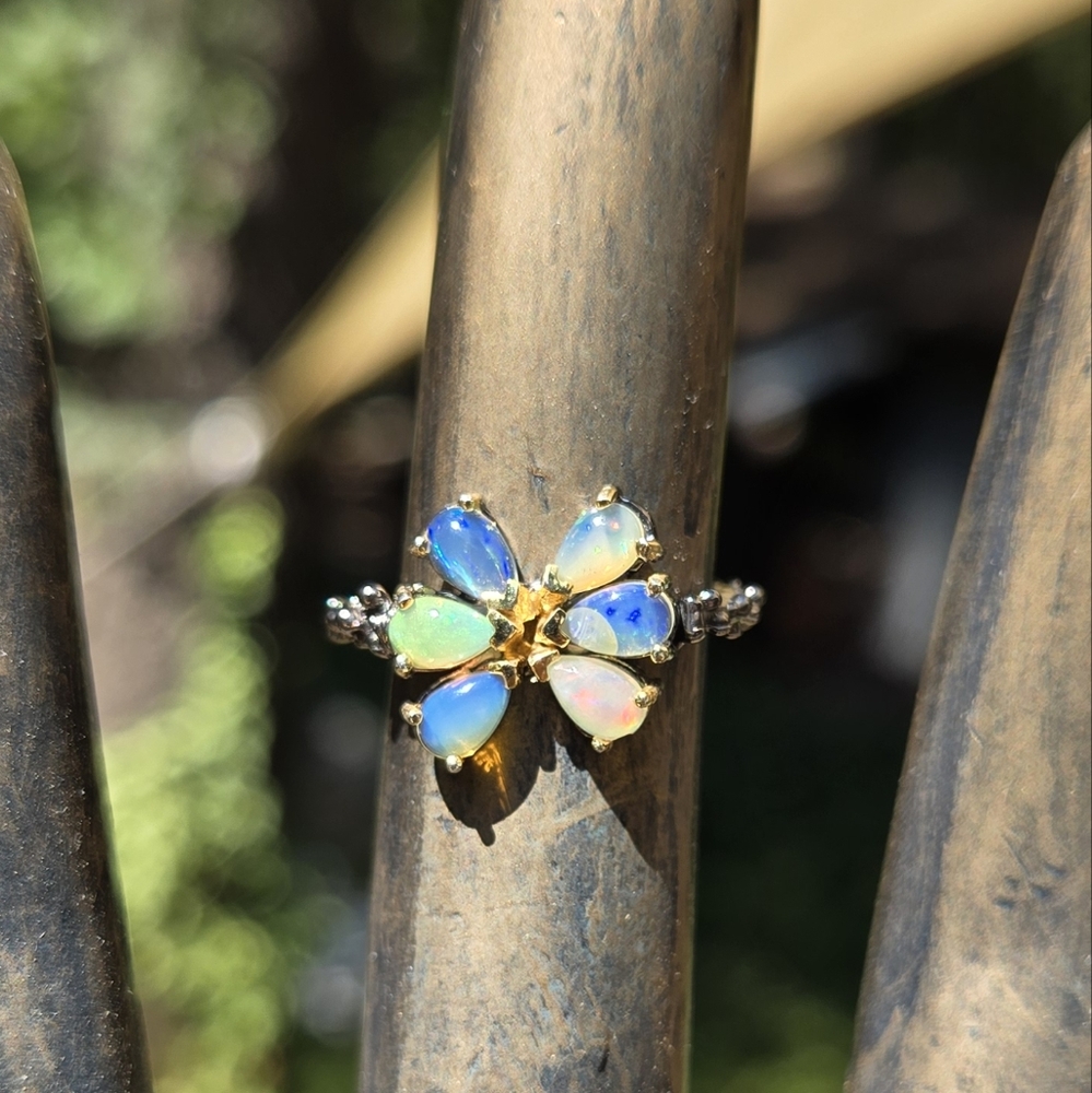 Opal Natural Sterling Rhodium & Gold Flower Ring Sz5.5 - Picture 4 of 9